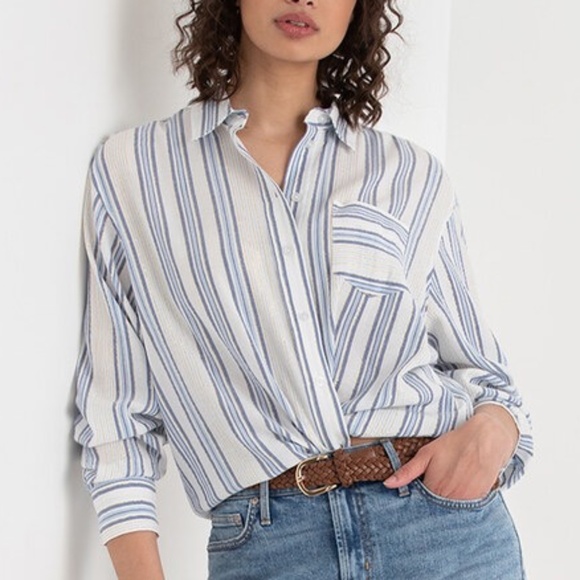 Relaxed Fit XL Blue and White Striped Button Down Top with Metallic Thread NWT - Picture 2 of 14